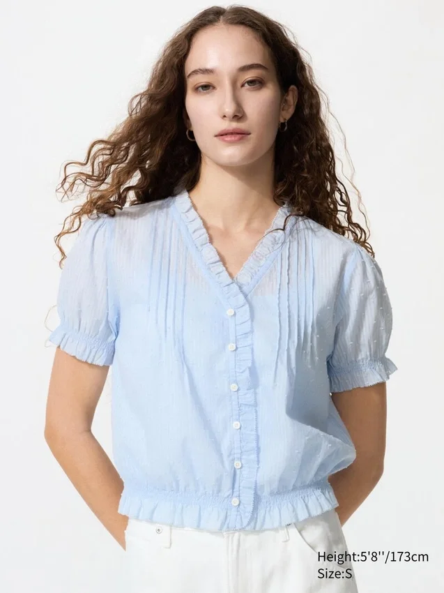 Blusa de algodón con cuello en V y tejido dobby para mujer Blusa de algodón con cuello en V y tejido dobby para mujer