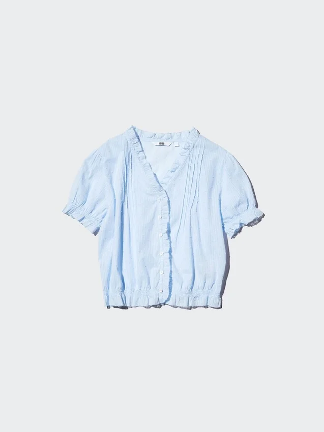 Blusa de algodón con cuello en V y tejido dobby para mujer Blusa de algodón con cuello en V y tejido dobby para mujer