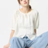 Blusa de mujer con mangas voluminosas de mezcla de lino Blusa de mujer con mangas voluminosas de mezcla de lino