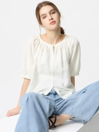 Blusa de mujer con mangas voluminosas de mezcla de lino