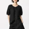 Blusa de mujer con mangas voluminosas de mezcla de lino Blusa de mujer con mangas voluminosas de mezcla de lino