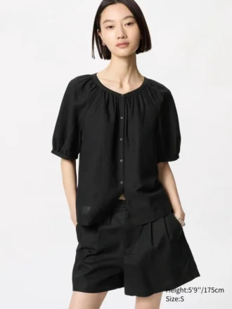 Blusa de mujer con mangas voluminosas de mezcla de lino