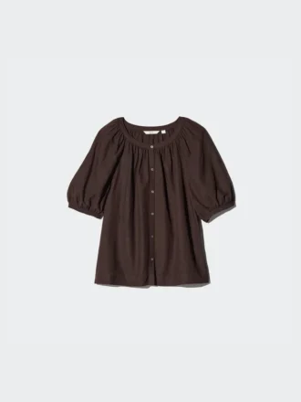 Blusa de mujer con mangas voluminosas de mezcla de lino