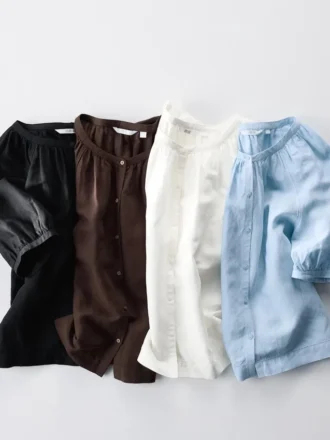Blusa de mujer con mangas voluminosas de mezcla de lino