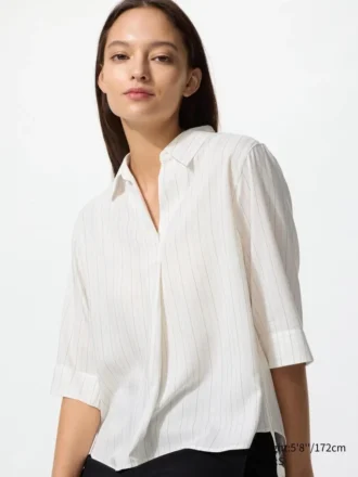 Blusa de mujer de rayón con cuello skipper y mangas 3/4 | A rayas