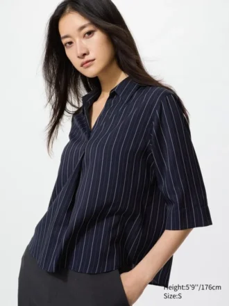 Blusa de mujer de rayón con cuello skipper y mangas 3/4 | A rayas