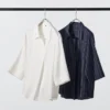 Blusa de mujer de rayón con cuello skipper y mangas 3/4 | A rayas Blusa de mujer de rayón con cuello skipper y mangas 3/4 | A rayas
