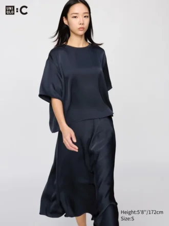 Blusa de pantalones cortos oversize de satén para mujer | Mangas medias
