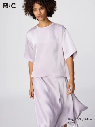 Blusa de pantalones cortos oversize de satén para mujer | Mangas medias