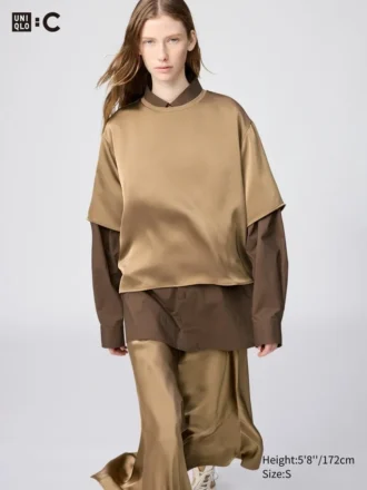 Blusa de pantalones cortos oversize de satén para mujer | Mangas medias