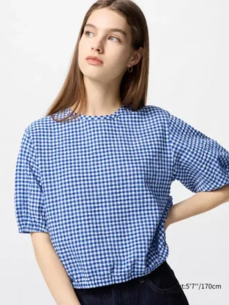 Blusa voluminosa de seersucker para mujer | Cuadros vichy