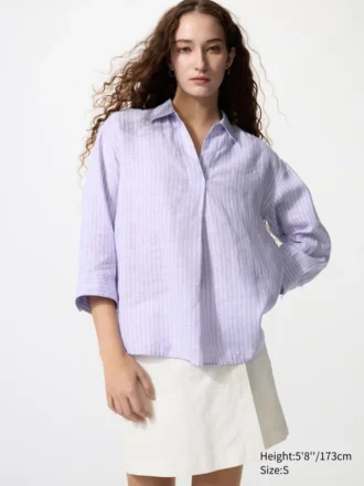Camisa de mujer Premium Linen con cuello marinero y mangas 3/4 | A rayas