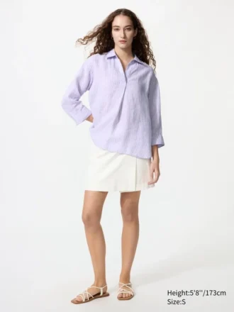Camisa de mujer Premium Linen con cuello marinero y mangas 3/4 | A rayas