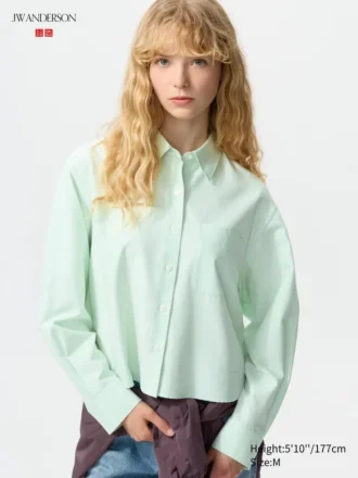 Camisas cortas de corte cuadrado Oxford para mujer