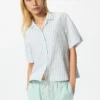 Camisas de cuello abierto para mujer en mezcla de lino | Mangas cortas | A rayas Camisas de cuello abierto para mujer en mezcla de lino | Mangas cortas | A rayas