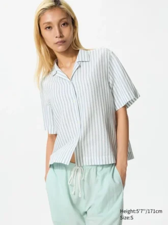 Camisas de cuello abierto para mujer en mezcla de lino | Mangas cortas | A rayas