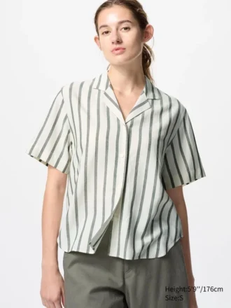 Camisas de cuello abierto para mujer en mezcla de lino | Mangas cortas | A rayas