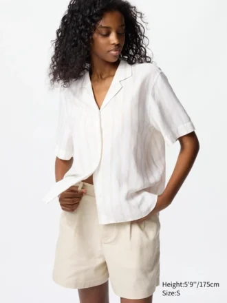 Camisas de cuello abierto para mujer en mezcla de lino | Mangas cortas | A rayas