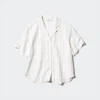 Camisas de cuello abierto para mujer en mezcla de lino | Mangas cortas | A rayas Camisas de cuello abierto para mujer en mezcla de lino | Mangas cortas | A rayas