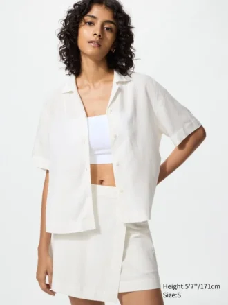 Camisas de mujer de mezcla de lino con cuello abierto | Mangas cortas