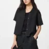 Camisas de mujer de mezcla de lino con cuello abierto | Mangas cortas Camisas de mujer de mezcla de lino con cuello abierto | Mangas cortas