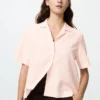 Camisas de mujer de mezcla de lino con cuello abierto | Mangas cortas Camisas de mujer de mezcla de lino con cuello abierto | Mangas cortas