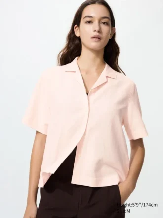 Camisas de mujer de mezcla de lino con cuello abierto | Mangas cortas