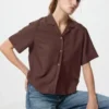 Camisas de mujer de mezcla de lino con cuello abierto | Mangas cortas Camisas de mujer de mezcla de lino con cuello abierto | Mangas cortas