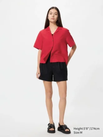 Camisas de mujer de mezcla de lino con cuello abierto | Mangas cortas