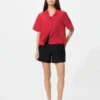 Camisas de mujer de mezcla de lino con cuello abierto | Mangas cortas Camisas de mujer de mezcla de lino con cuello abierto | Mangas cortas