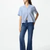 Camisas de cuello abierto para mujer en mezcla de lino | Mangas cortas | A rayas Camisas de cuello abierto para mujer en mezcla de lino | Mangas cortas | A rayas