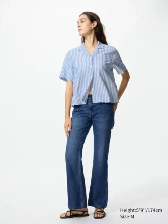 Camisas de cuello abierto para mujer en mezcla de lino | Mangas cortas | A rayas