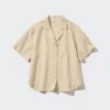 Camisas de mujer de mezcla de lino con cuello abierto y mangas cortas Camisas de mujer de mezcla de lino con cuello abierto y mangas cortas