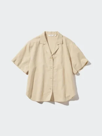 Camisas de mujer de mezcla de lino con cuello abierto y mangas cortas