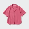 Camisas de mujer de mezcla de lino con cuello abierto y mangas cortas Camisas de mujer de mezcla de lino con cuello abierto y mangas cortas