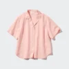 Camisas de mujer de mezcla de lino con cuello abierto y mangas cortas Camisas de mujer de mezcla de lino con cuello abierto y mangas cortas