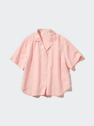 Camisas de mujer de mezcla de lino con cuello abierto y mangas cortas