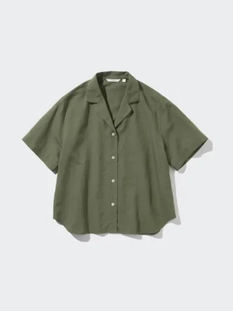 Camisas de mujer de mezcla de lino con cuello abierto y mangas cortas