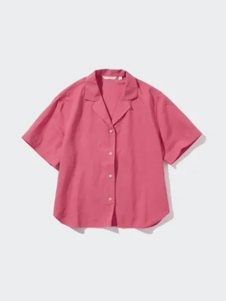 Camisas de mujer de mezcla de lino con cuello abierto y mangas cortas
