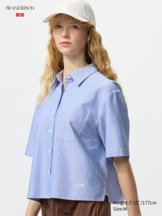 Camisas de pantalones cortos de corte cuadrado Oxford para mujer | A rayas