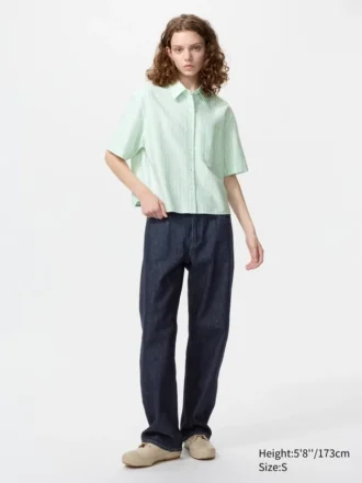 Camisas de pantalones cortos de corte cuadrado Oxford para mujer | A rayas