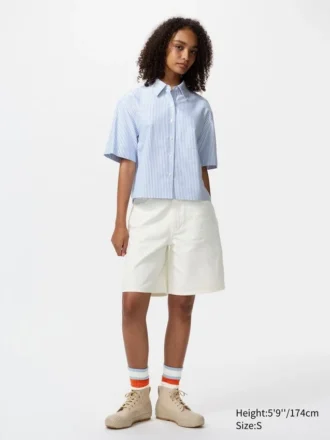 Camisas de pantalones cortos de corte cuadrado Oxford para mujer | A rayas