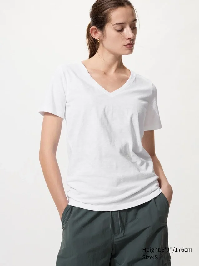 Camiseta de cuello en V de algodón slub para mujer Camiseta de cuello en V de algodón slub para mujer