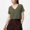 Camiseta de cuello en V de algodón slub para mujer Camiseta de cuello en V de algodón slub para mujer