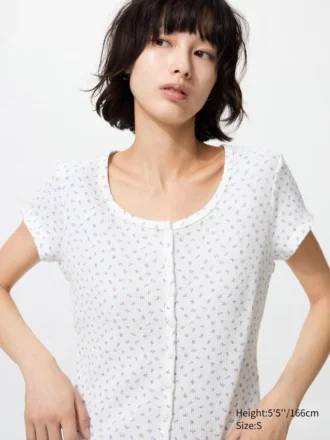 Camiseta mini con cuello abierto tipo waffle para mujer | Estampado
