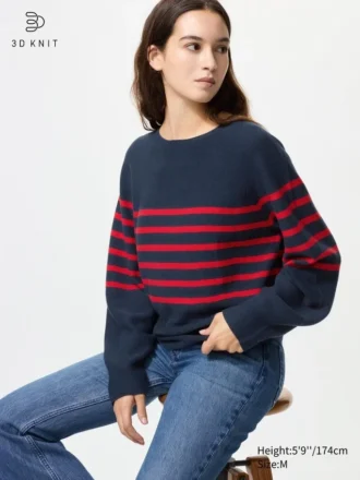 Jerséis de algodón 3D Knit con mangas voluminosas para mujer | Rayas