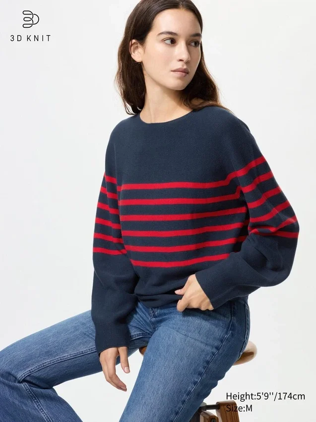Jerséis de algodón 3D Knit con mangas voluminosas para mujer | Rayas Jerséis de algodón 3D Knit con mangas voluminosas para mujer | Rayas