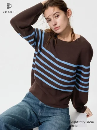 Jerséis de algodón 3D Knit con mangas voluminosas para mujer | Rayas