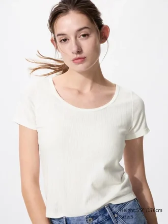 Mini camiseta de cuello redondo con punto calado para mujer