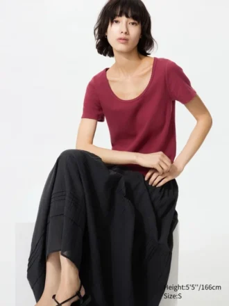 Mini camiseta de cuello redondo con punto calado para mujer